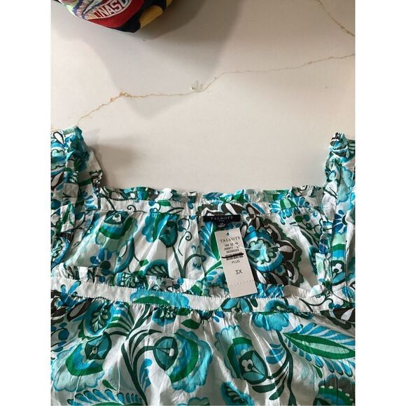 Talbots Plus Paisley Top Blouse Sz 3X Ruffled Square Neck Sleeve Blue Green - Picture 8 of 9